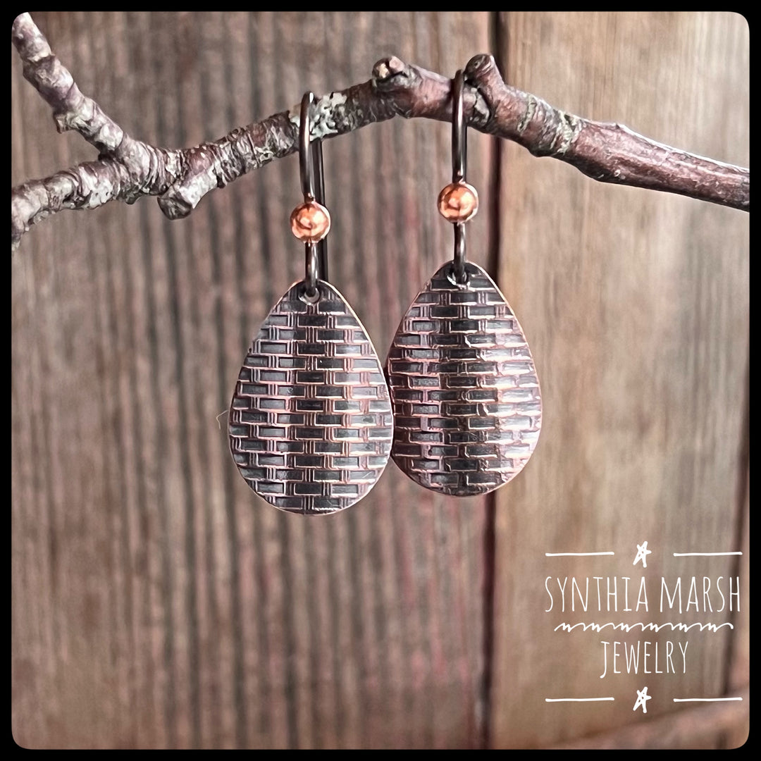 Woven Pattern Copper Dangle Earrings ~ Multiple Shapes and Sizes ~ Hypoallergenic ~ Made in Michigan