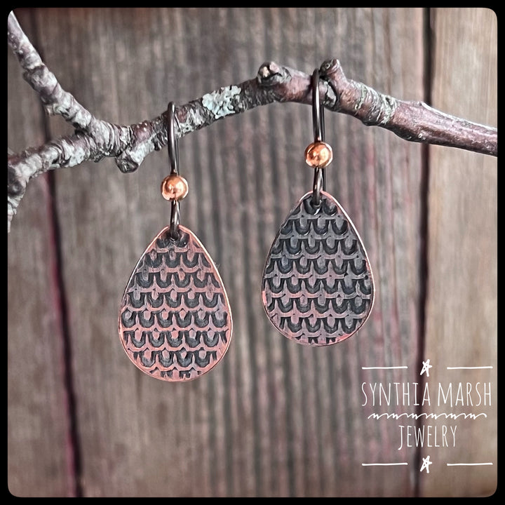 Scallop Pattern Copper Dangle Earrings ~ Multiple Shapes/Sizes Hypoallergenic Earwires ~ Made in Michigan