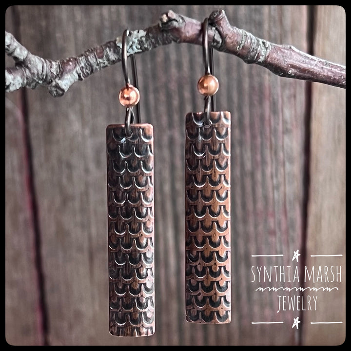 Scallop Pattern Copper Dangle Earrings ~ Multiple Shapes/Sizes Hypoallergenic Earwires ~ Made in Michigan