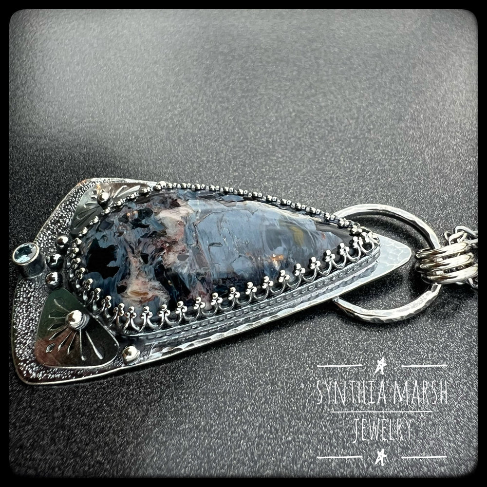 Pietersite and Sapphire Pendant "Split Rock" Made in Michigan's Upper Peninsula