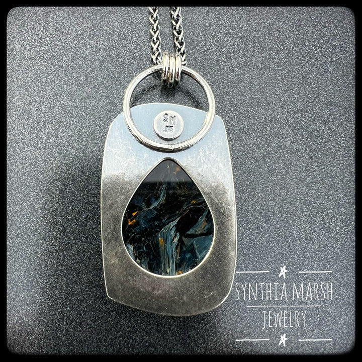 Pietersite and Sapphire Pendant "Copper Harbor" Made in Michigan's Upper Peninsula
