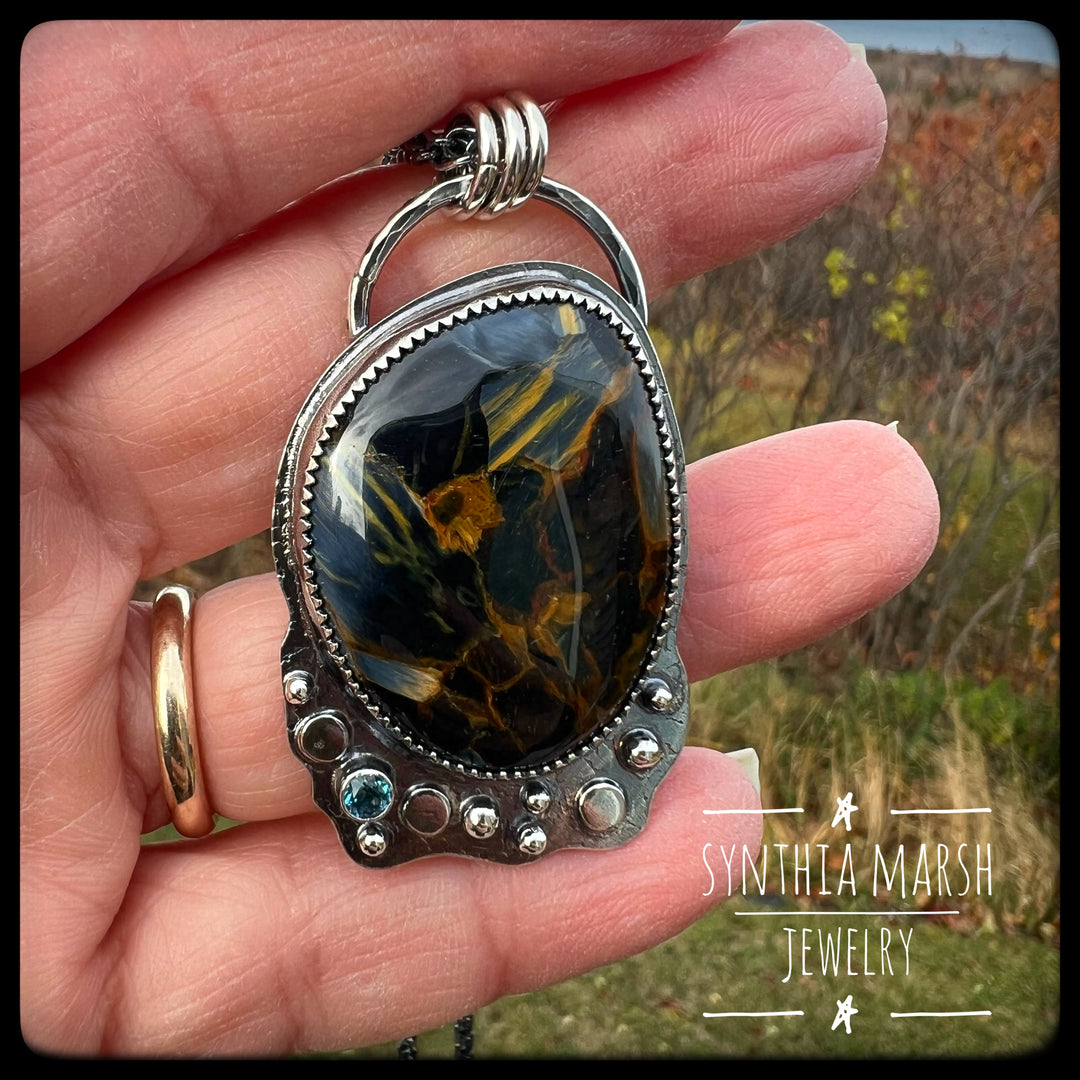 Pietersite and Sapphire Pendant ~ "Point Iroquois" ~ Made in Michigan"s Upper Peninsula
