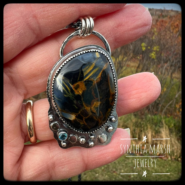 Pietersite and Sapphire Pendant ~ "Point Iroquois" ~ Made in Michigan"s Upper Peninsula