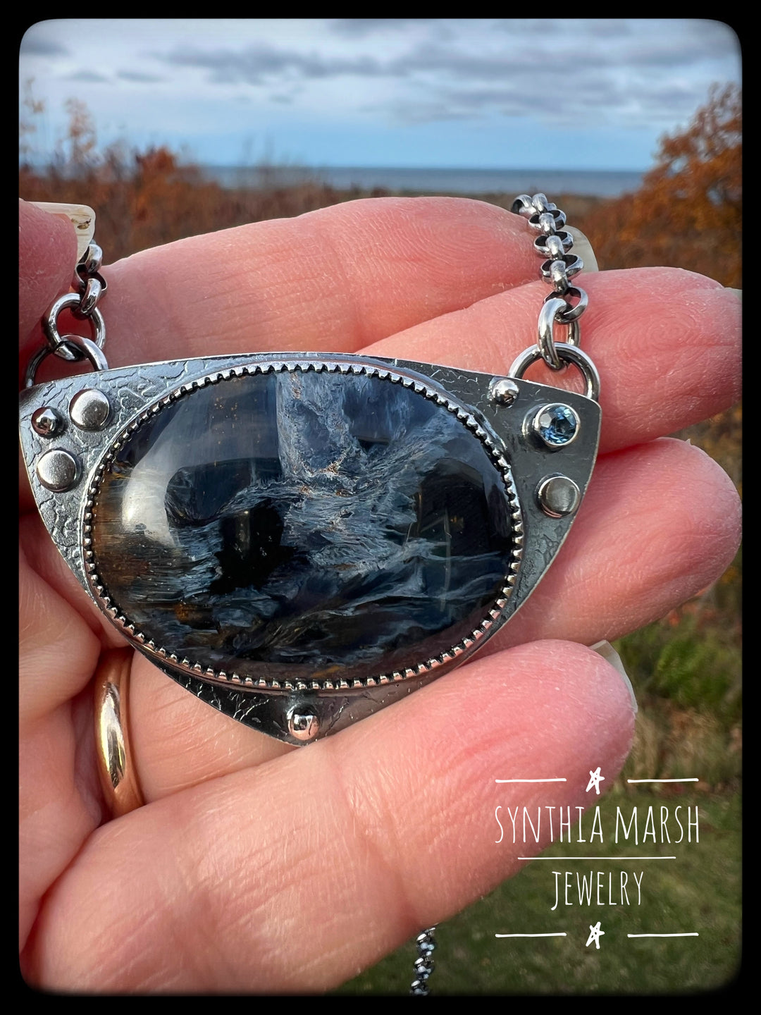 Pietersite and Sapphire Pendant "Stannard Rock" Made in Michigan"s Upper Peninsula