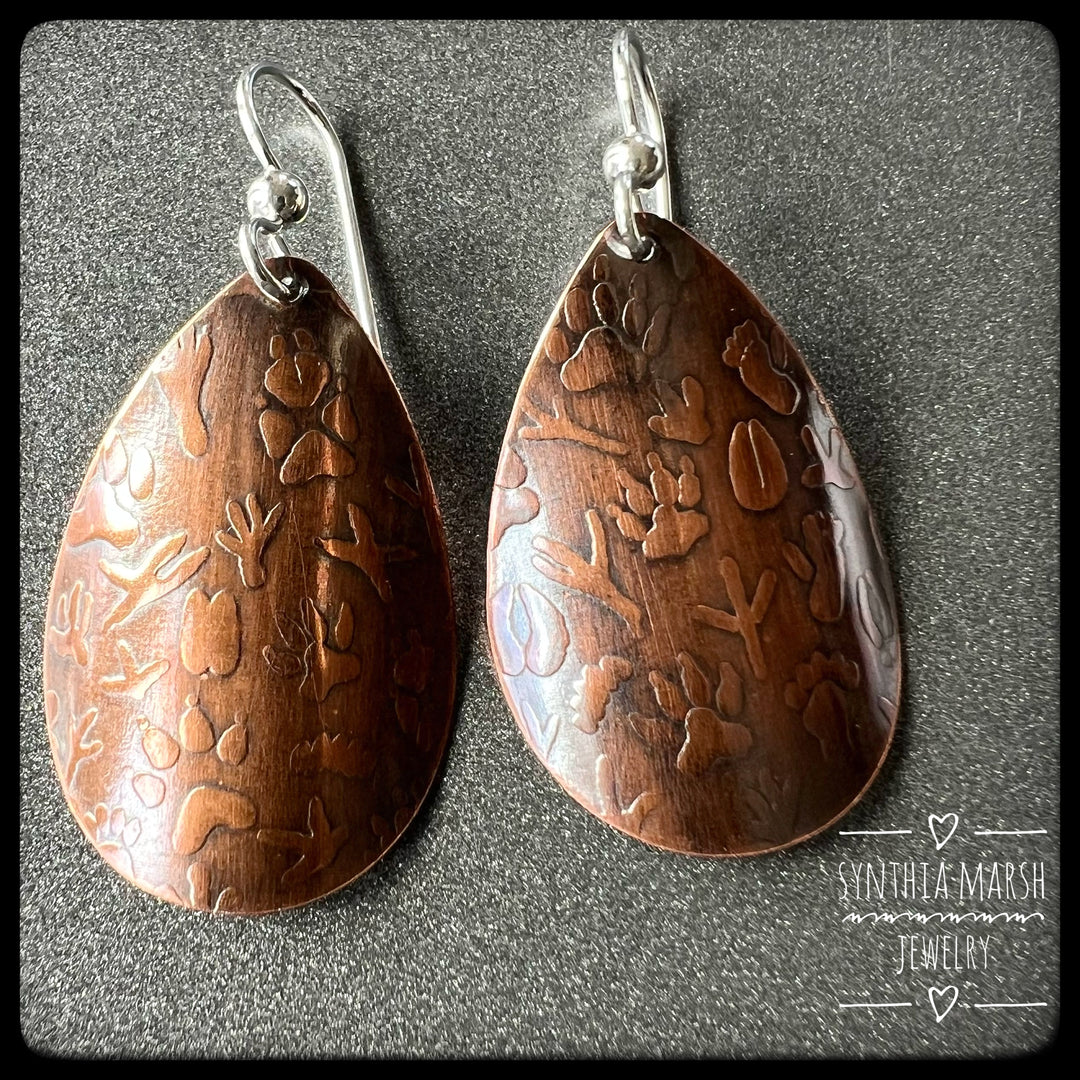 Animal Tracks Pattern Copper Dangle Earrings ~ Multiple Shapes and Sizes ~ Made in Michigan
