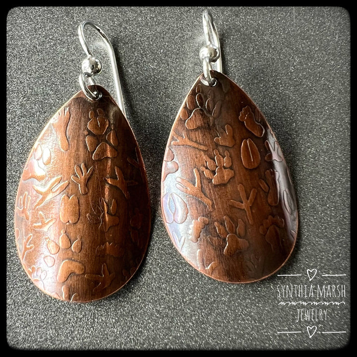 Animal Tracks Pattern Copper Dangle Earrings ~ Multiple Shapes and Sizes ~ Made in Michigan