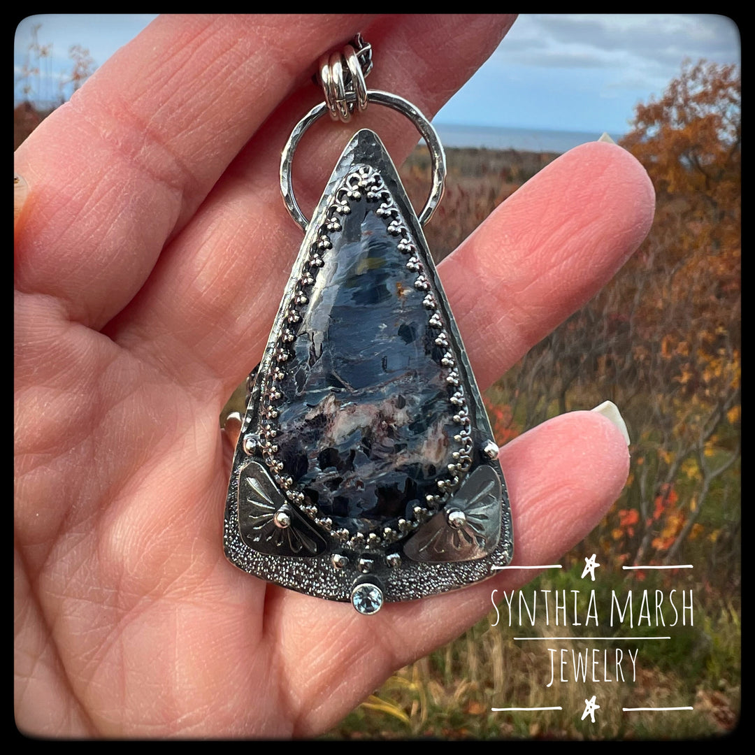 Pietersite and Sapphire Pendant "Split Rock" Made in Michigan's Upper Peninsula