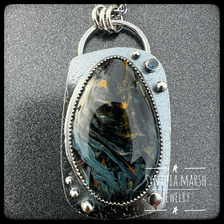 Pietersite and Sapphire Pendant "Copper Harbor" Made in Michigan's Upper Peninsula