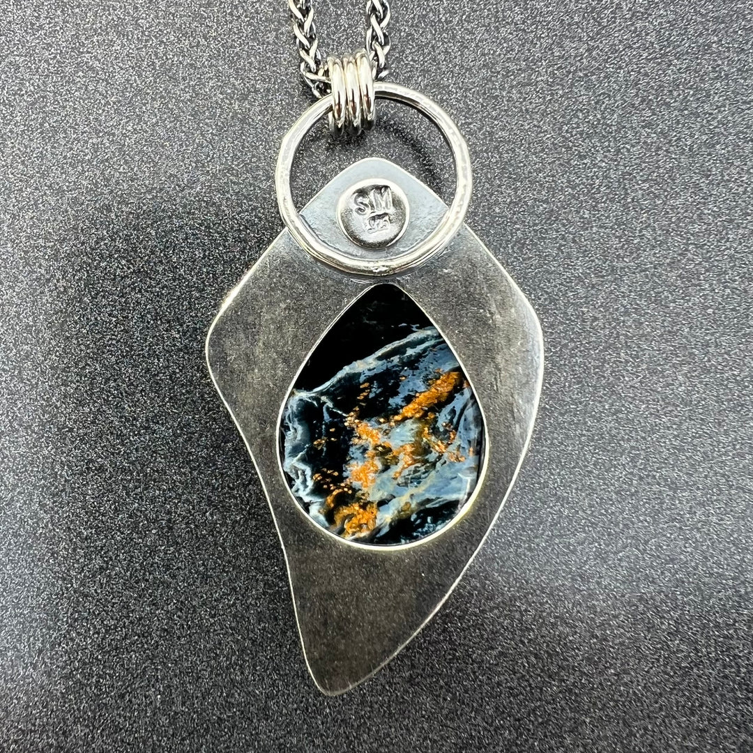 Pietersite and Sapphire Pendant ~ "Crisp Point" ~ Made in Michigan"s Upper Peninsula