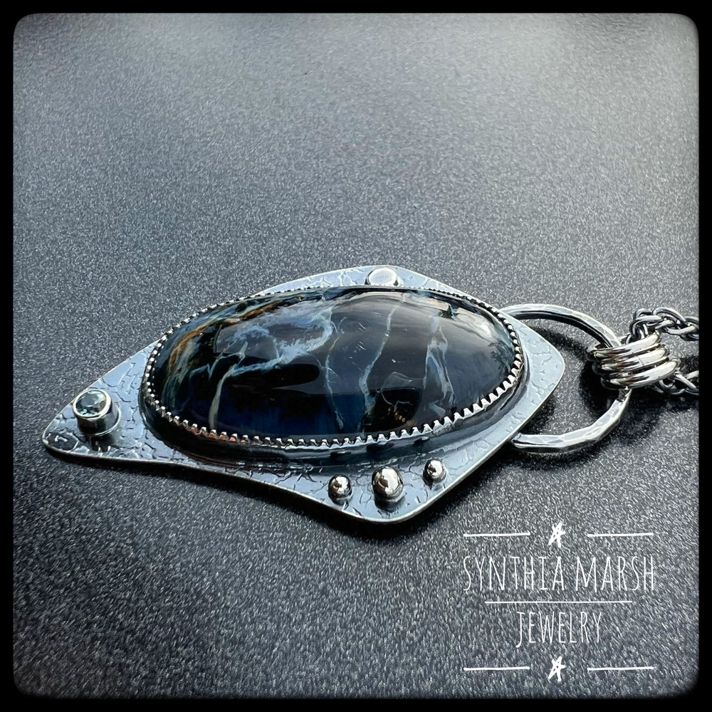 Pietersite and Sapphire Pendant ~ "Crisp Point" ~ Made in Michigan"s Upper Peninsula