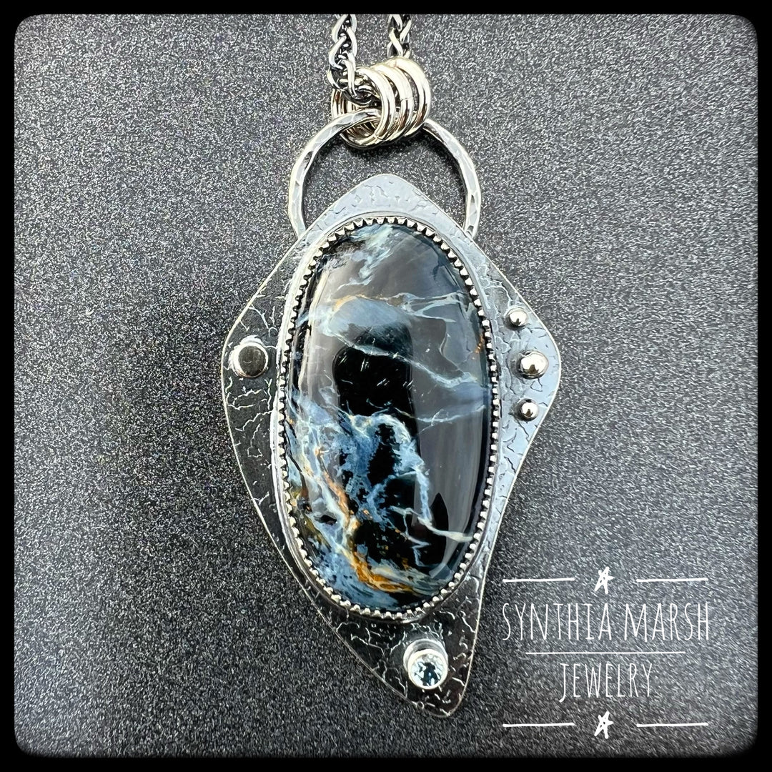 Pietersite and Sapphire Pendant ~ "Crisp Point" ~ Made in Michigan"s Upper Peninsula
