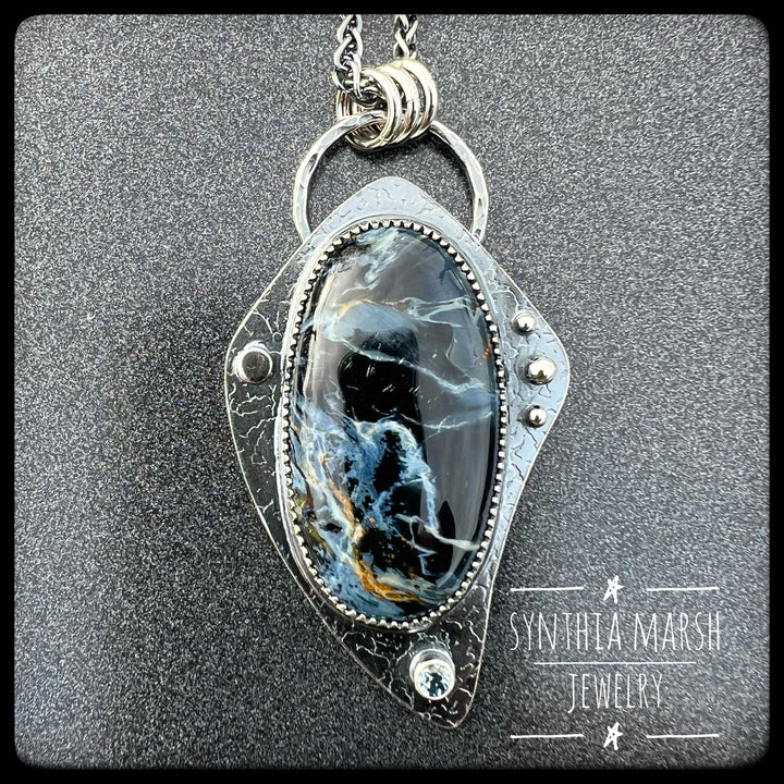 Pietersite and Sapphire Pendant ~ "Crisp Point" ~ Made in Michigan"s Upper Peninsula