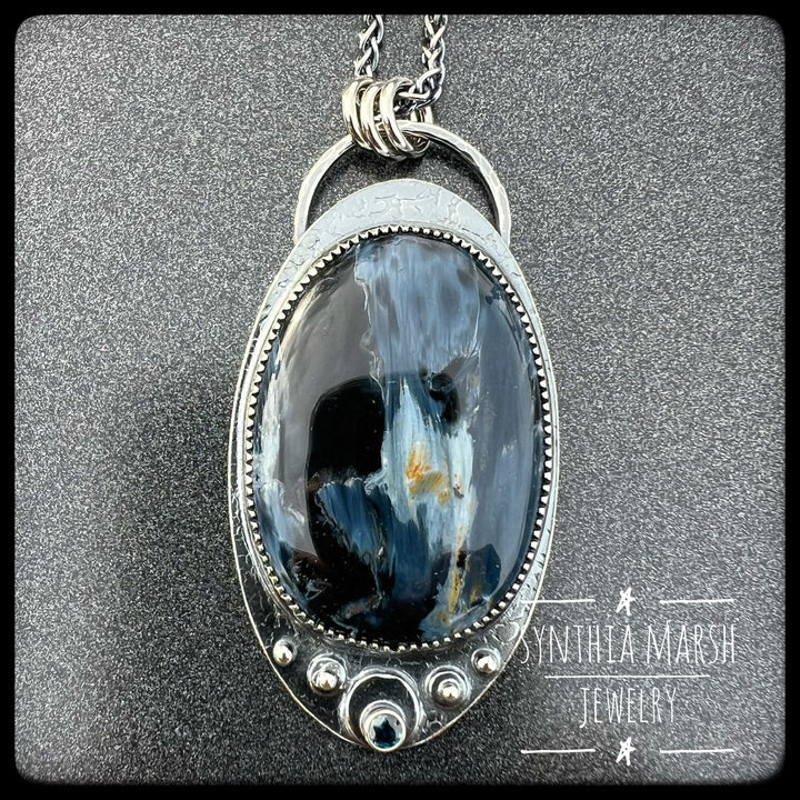Pietersite and Sapphire Pendant "Eagle Harbor" Made in Michigan's Upper Peninsula