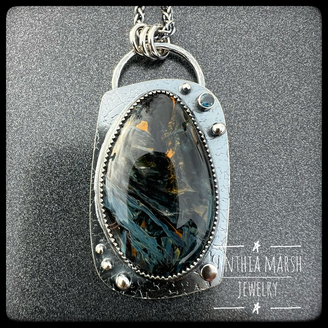 Pietersite and Sapphire Pendant "Copper Harbor" Made in Michigan's Upper Peninsula