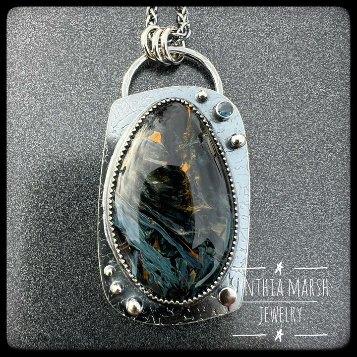 Pietersite and Sapphire Pendant "Copper Harbor" Made in Michigan's Upper Peninsula