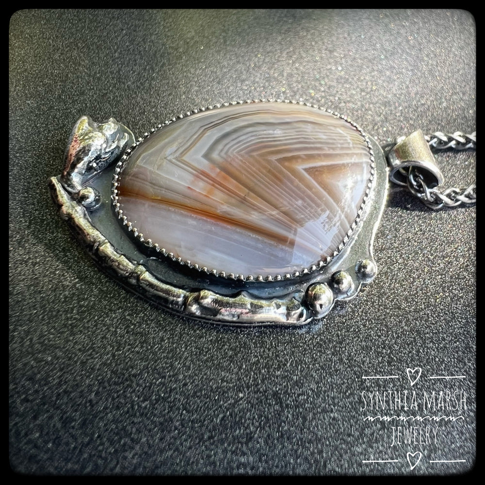 Lake Superior Agate Pendant / Necklace ~ Cast Cedar Branch ~ Made in Michigan's Upper Peninsula-Synthia Marsh Jewelry