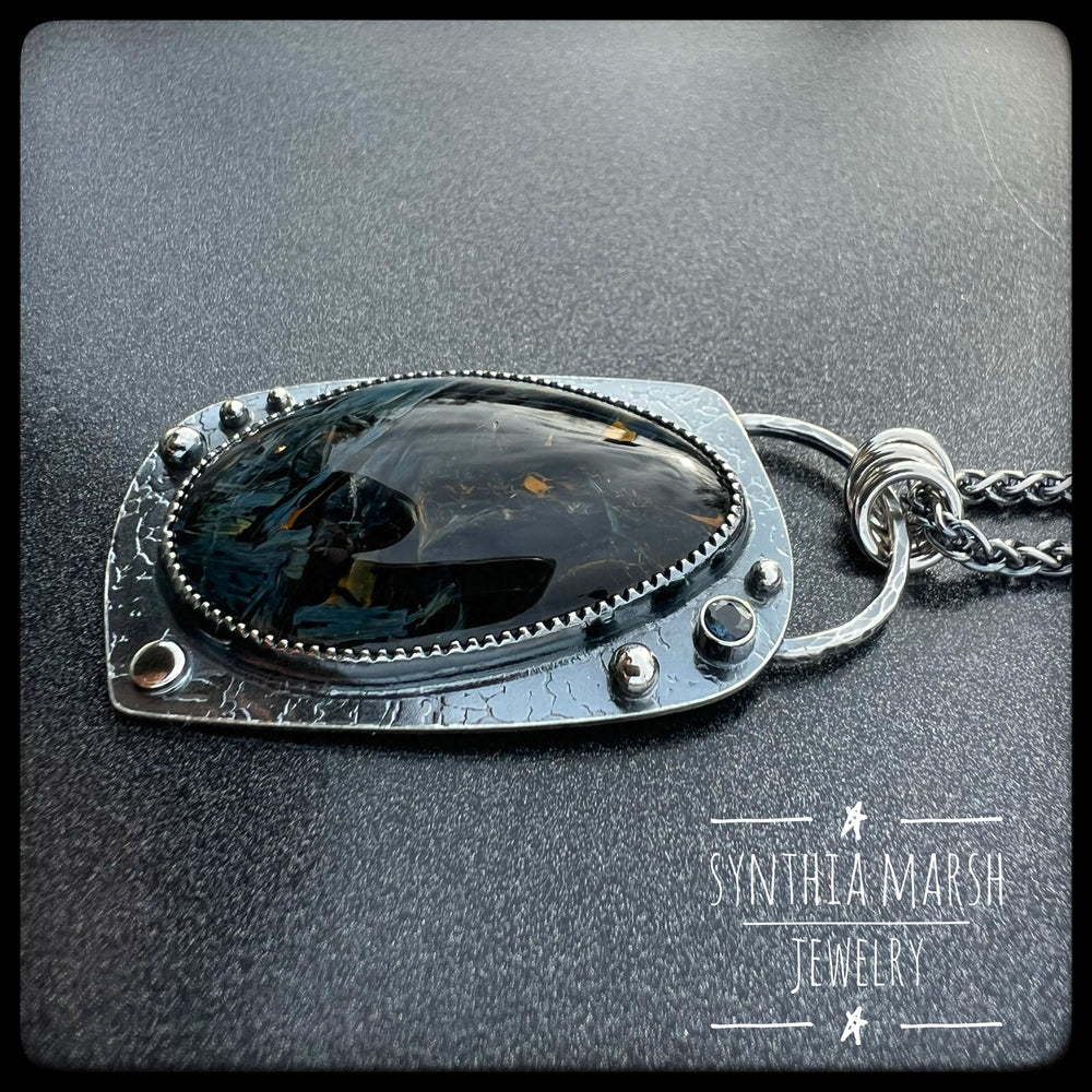 Pietersite and Sapphire Pendant "Copper Harbor" Made in Michigan's Upper Peninsula