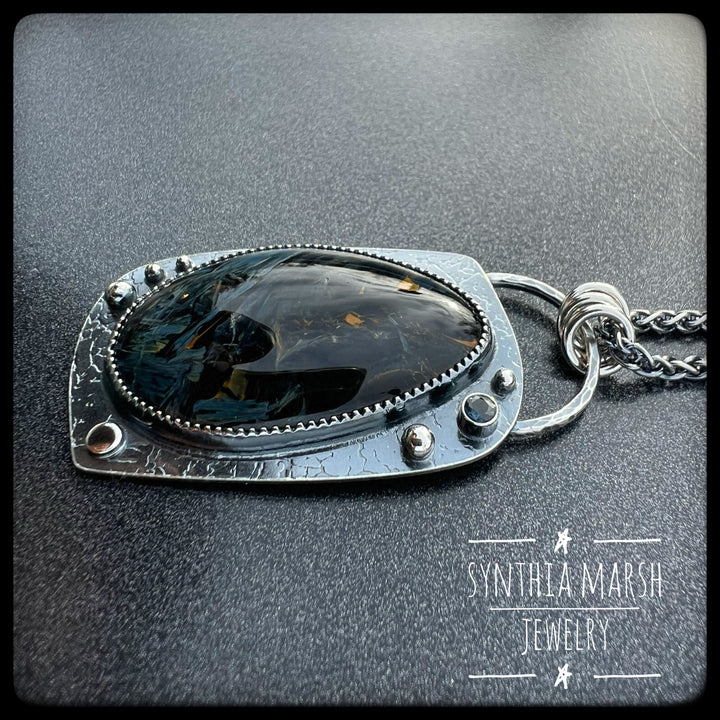 Pietersite and Sapphire Pendant "Copper Harbor" Made in Michigan's Upper Peninsula