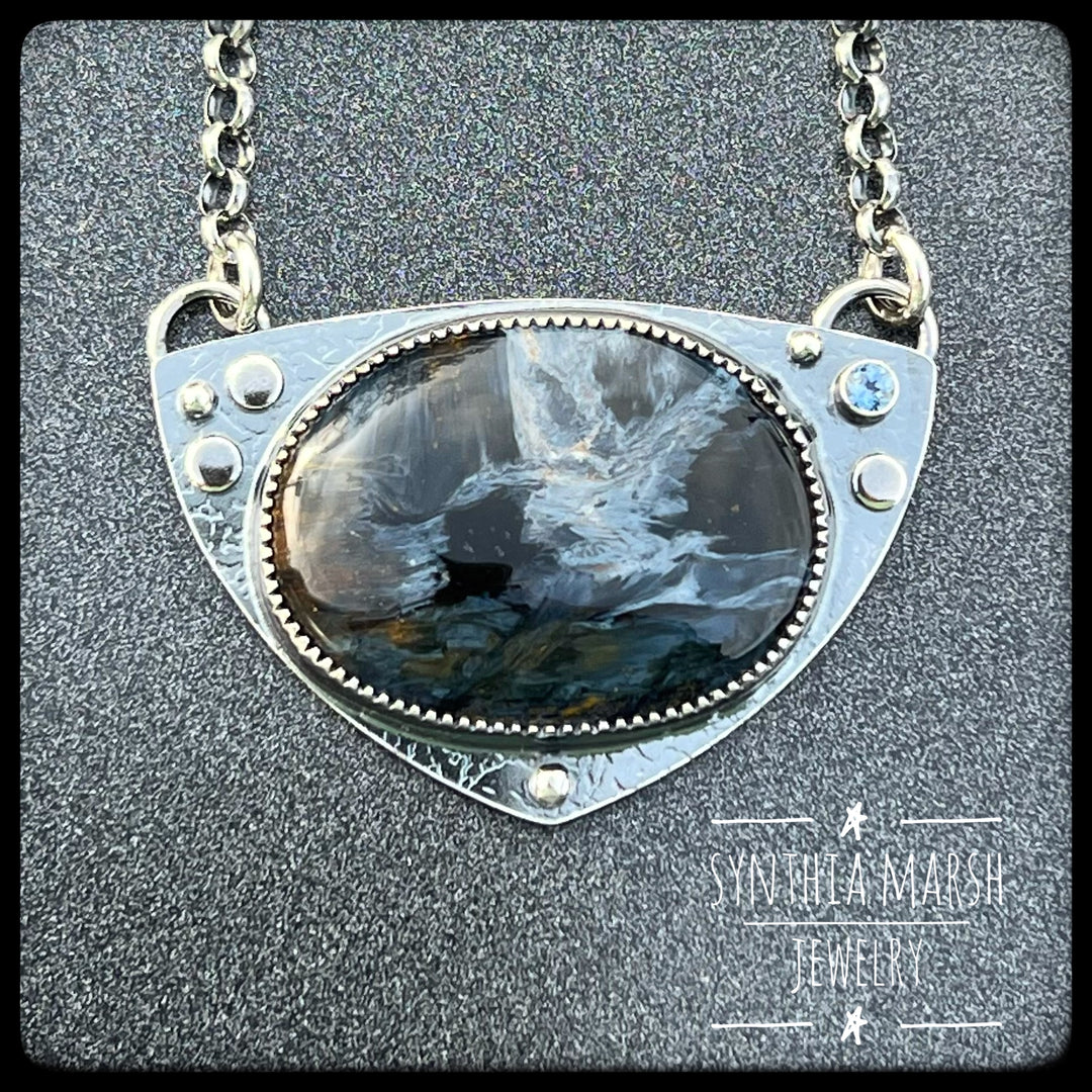 Pietersite and Sapphire Pendant "Stannard Rock" Made in Michigan"s Upper Peninsula