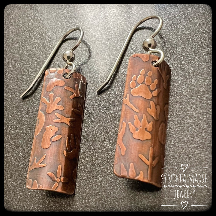 Animal Tracks Pattern Copper Dangle Earrings ~ Multiple Shapes and Sizes ~ Made in Michigan