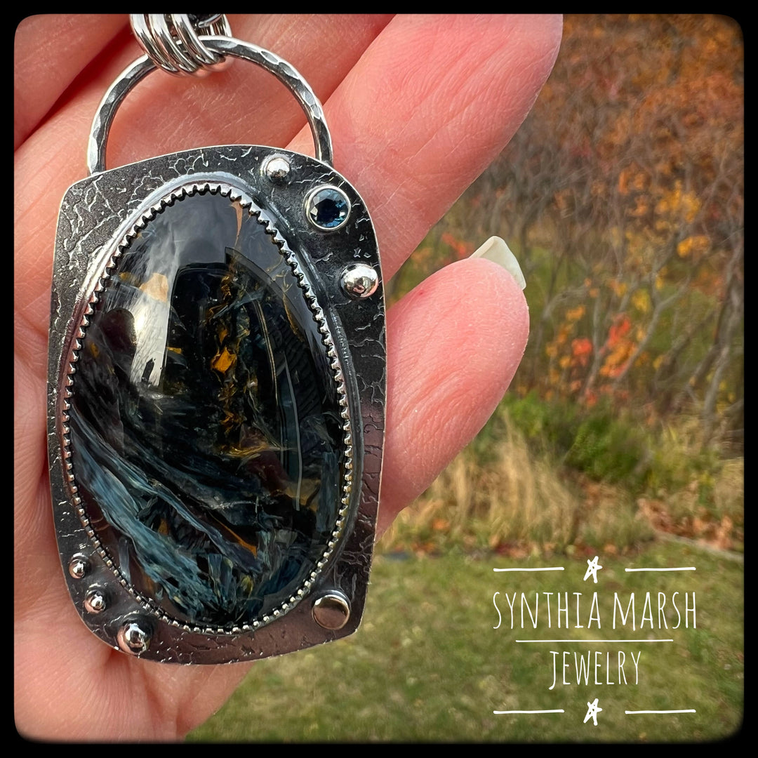 Pietersite and Sapphire Pendant "Copper Harbor" Made in Michigan's Upper Peninsula