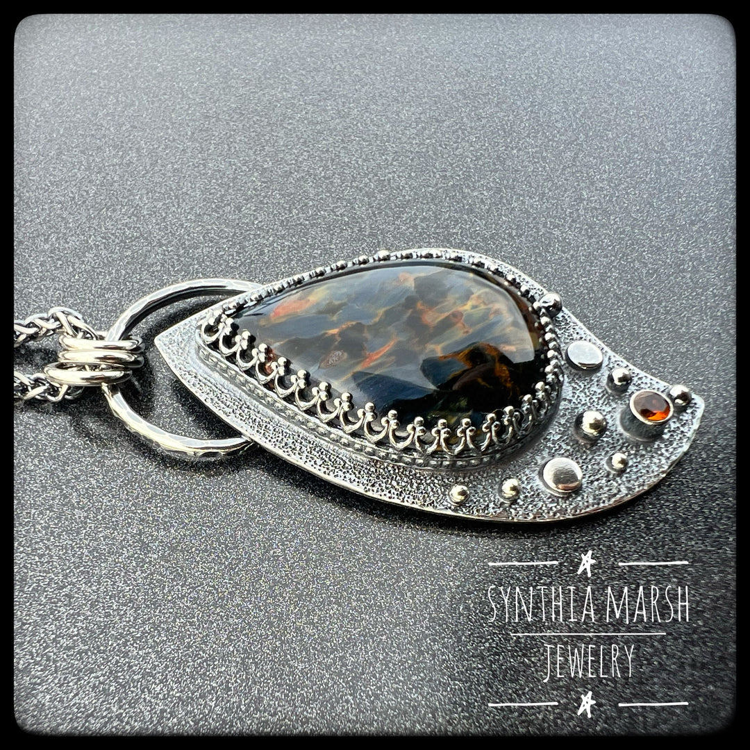Pietersite and Sapphire Pendant ~ "Whitefish Point" ~ Made in Michigan's Upper Peninsula