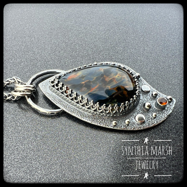 Pietersite and Sapphire Pendant ~ "Whitefish Point" ~ Made in Michigan's Upper Peninsula