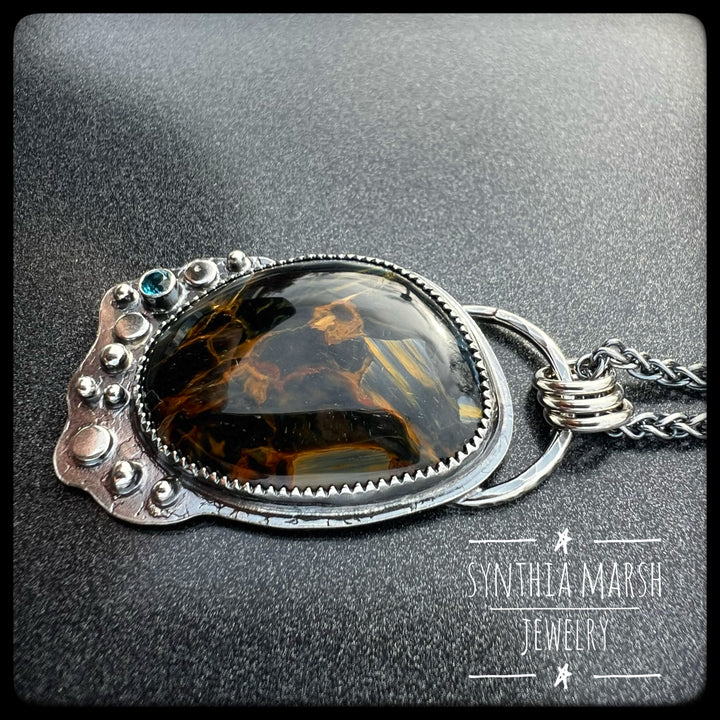 Pietersite and Sapphire Pendant ~ "Point Iroquois" ~ Made in Michigan"s Upper Peninsula