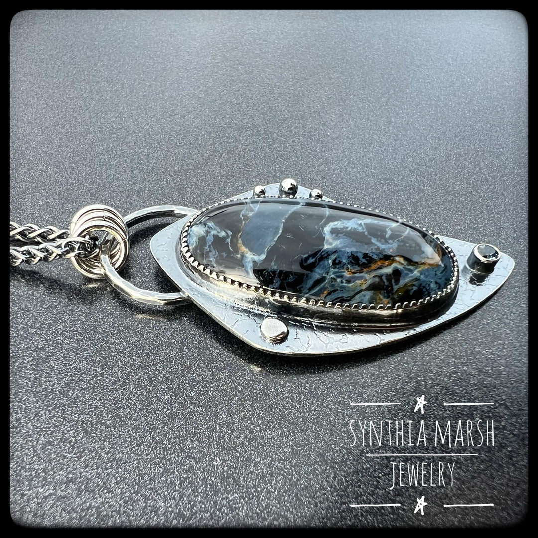 Pietersite and Sapphire Pendant ~ "Crisp Point" ~ Made in Michigan"s Upper Peninsula