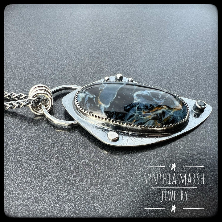 Pietersite and Sapphire Pendant ~ "Crisp Point" ~ Made in Michigan"s Upper Peninsula