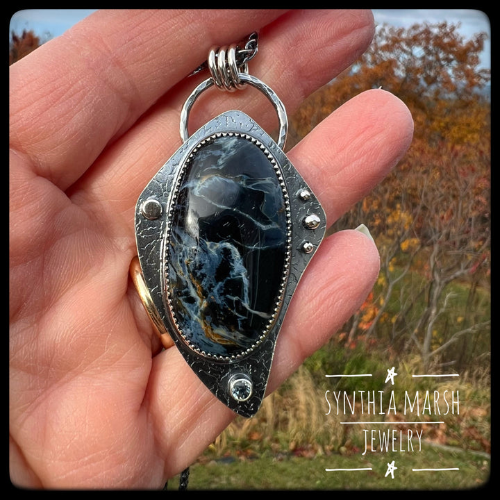 Pietersite and Sapphire Pendant ~ "Crisp Point" ~ Made in Michigan"s Upper Peninsula