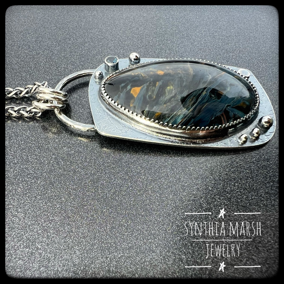 Pietersite and Sapphire Pendant "Copper Harbor" Made in Michigan's Upper Peninsula