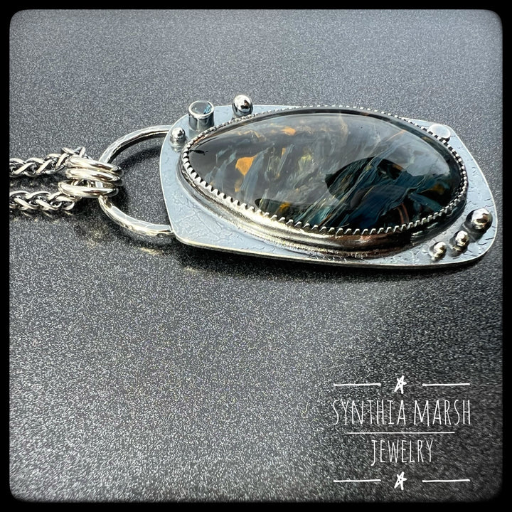 Pietersite and Sapphire Pendant "Copper Harbor" Made in Michigan's Upper Peninsula