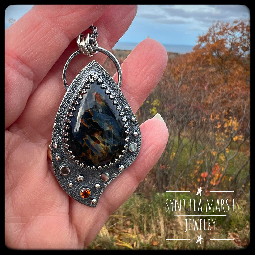 Pietersite and Sapphire Pendant ~ "Whitefish Point" ~ Made in Michigan's Upper Peninsula