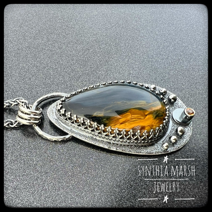 Pietersite and Sapphire Pendant ~ "Menagerie Island" ~ Made in Michigan's Upper Peninsula