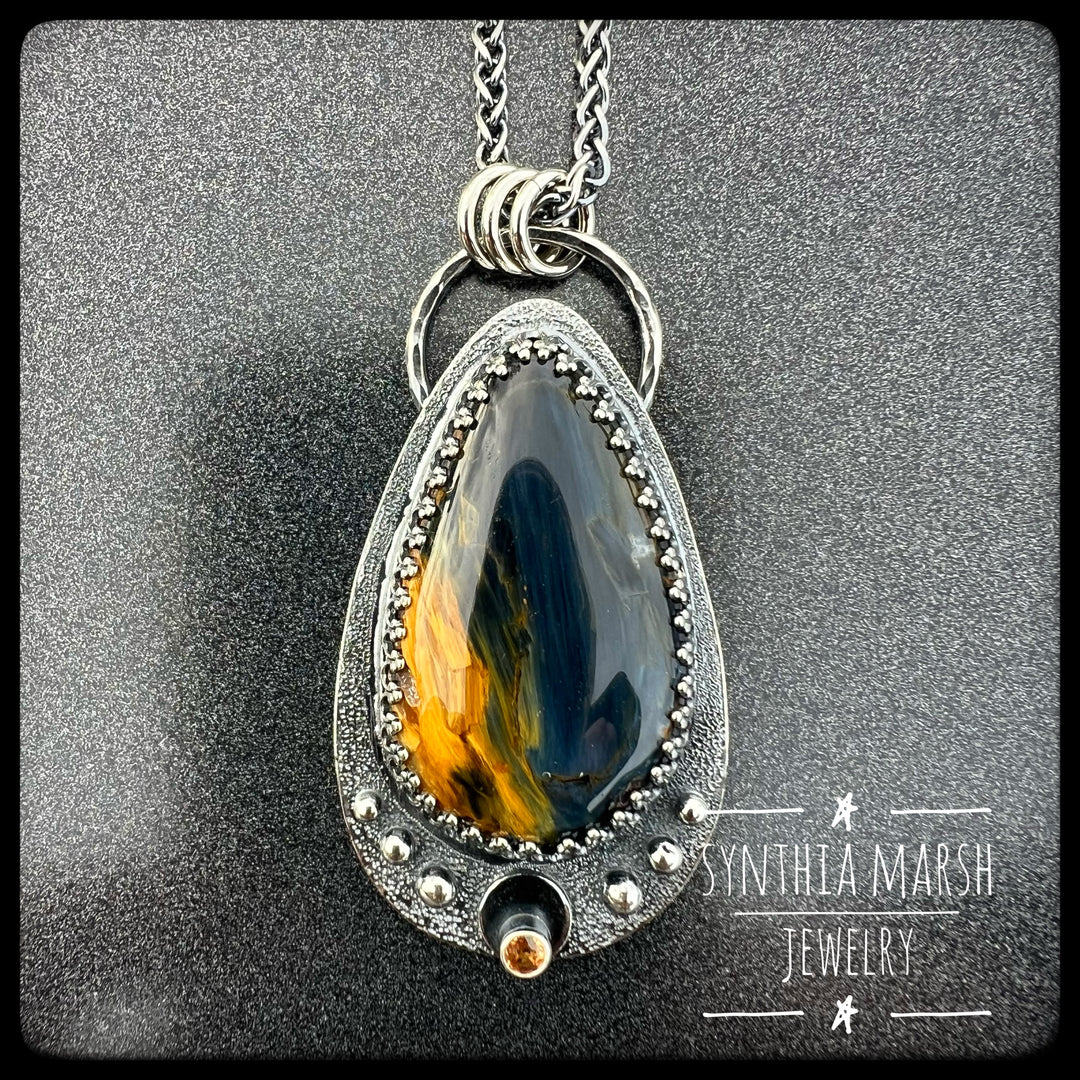 Pietersite and Sapphire Pendant ~ "Menagerie Island" ~ Made in Michigan's Upper Peninsula