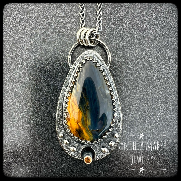 Pietersite and Sapphire Pendant ~ "Menagerie Island" ~ Made in Michigan's Upper Peninsula