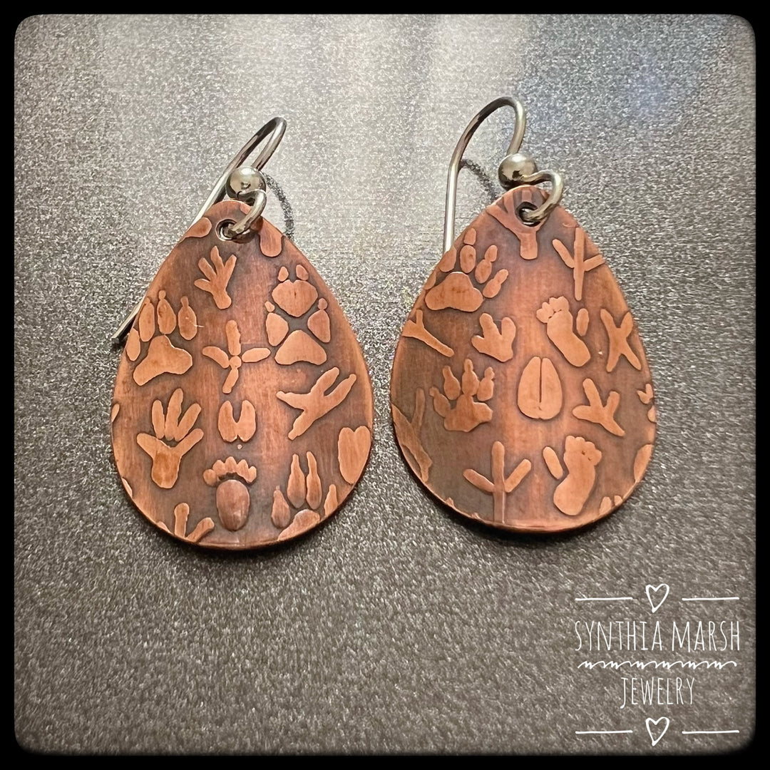Animal Tracks Pattern Copper Dangle Earrings ~ Multiple Shapes and Sizes ~ Made in Michigan