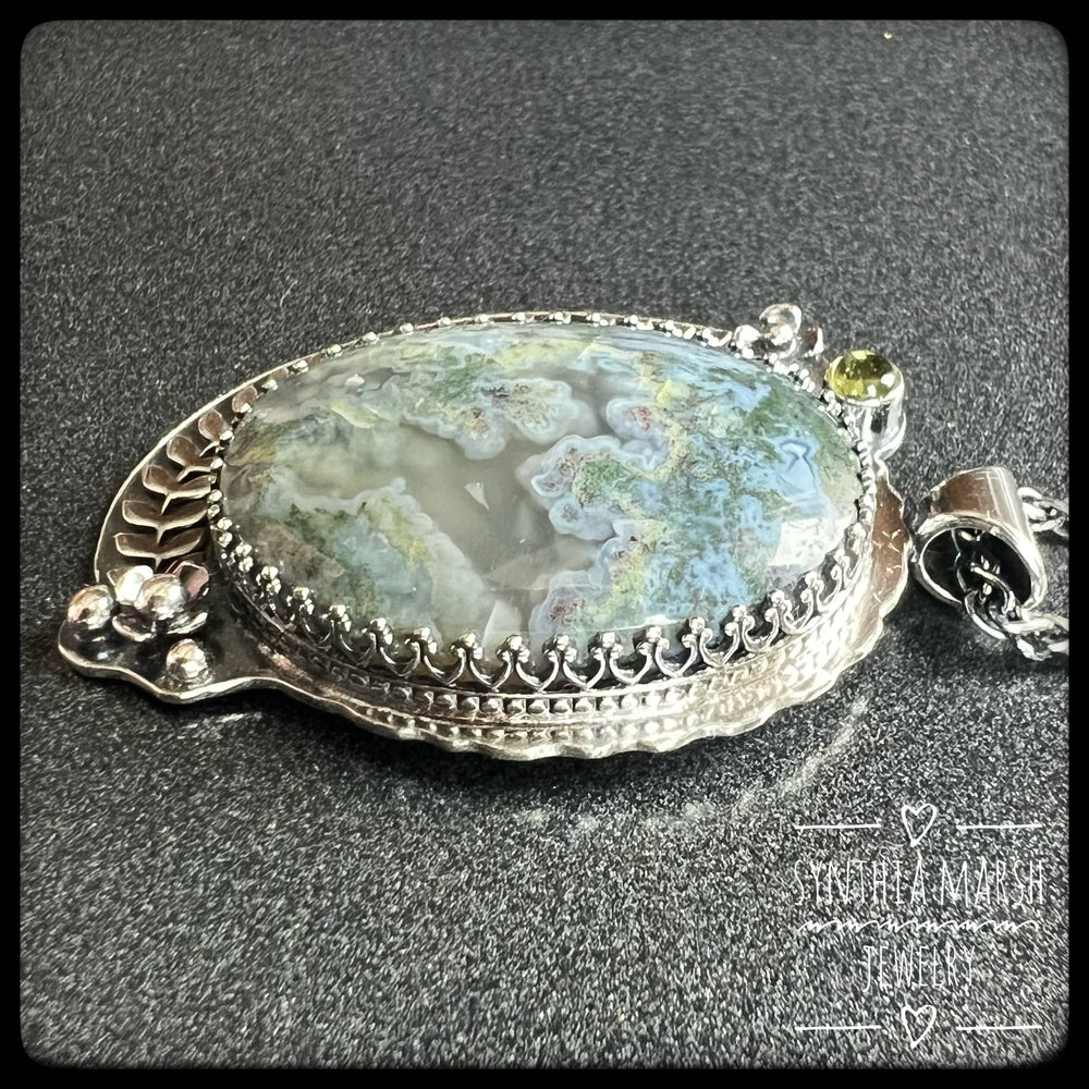 Moss Agate and Peridot Floral Sterling Pendant/Necklace Made in U.P. Michigan