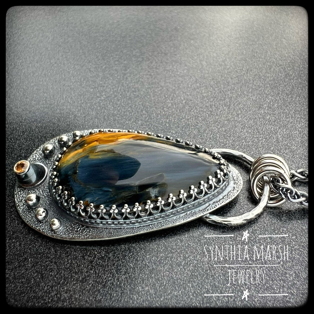 Pietersite and Sapphire Pendant ~ "Menagerie Island" ~ Made in Michigan's Upper Peninsula
