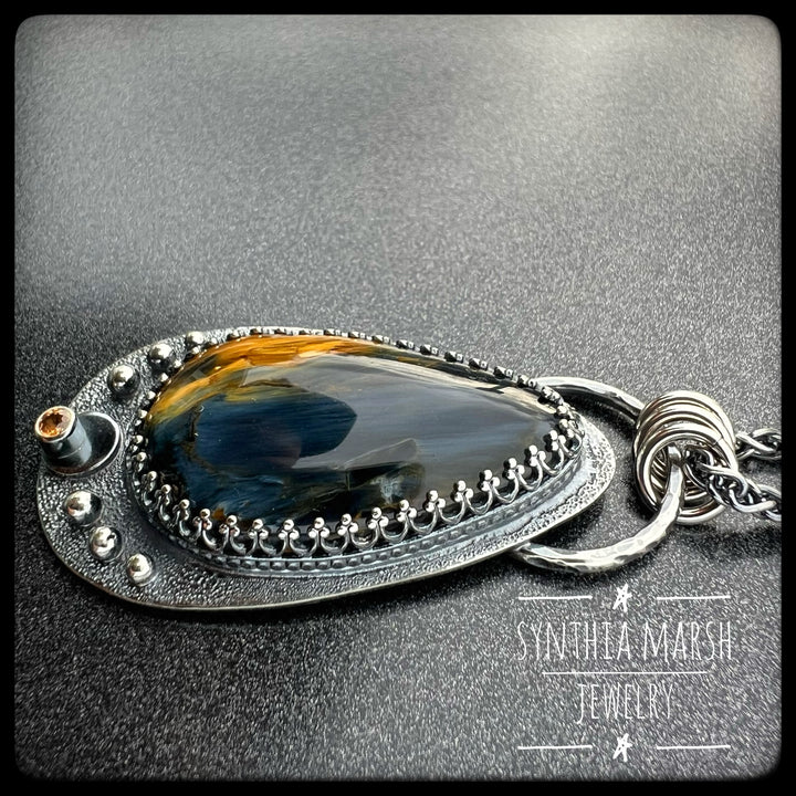 Pietersite and Sapphire Pendant ~ "Menagerie Island" ~ Made in Michigan's Upper Peninsula