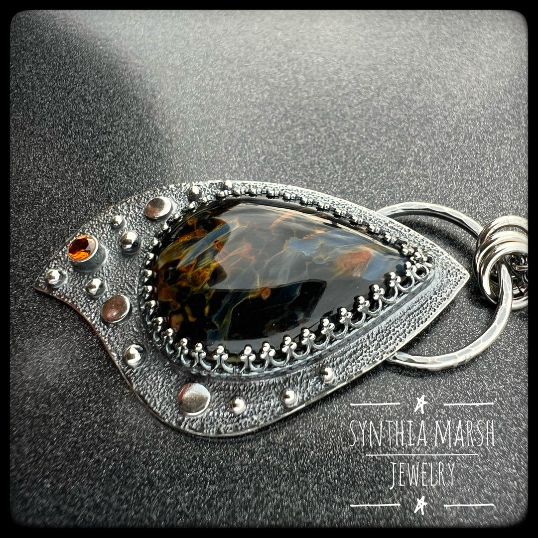 Pietersite and Sapphire Pendant ~ "Whitefish Point" ~ Made in Michigan's Upper Peninsula