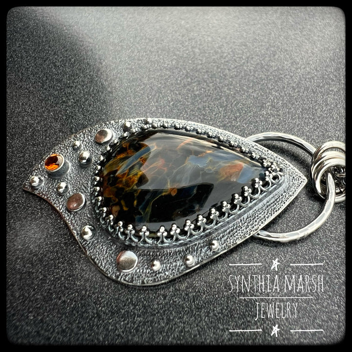 Pietersite and Sapphire Pendant ~ "Whitefish Point" ~ Made in Michigan's Upper Peninsula