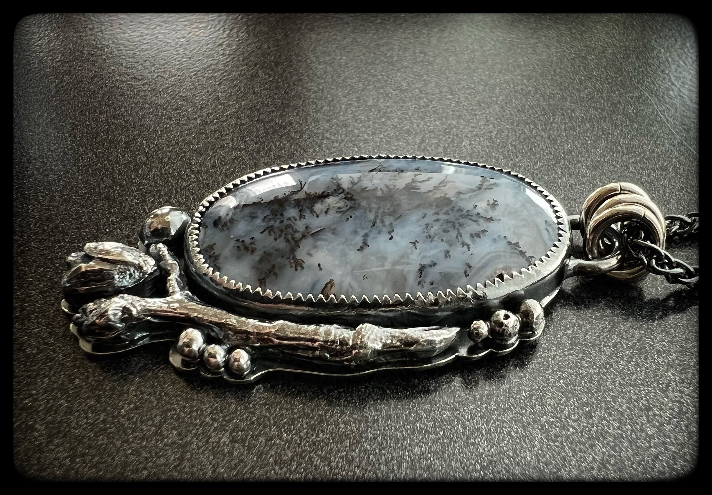 Dendritic Agate Pendant Necklace with cast sterling silver northern cedar branch and cones on a sterling silver chain.