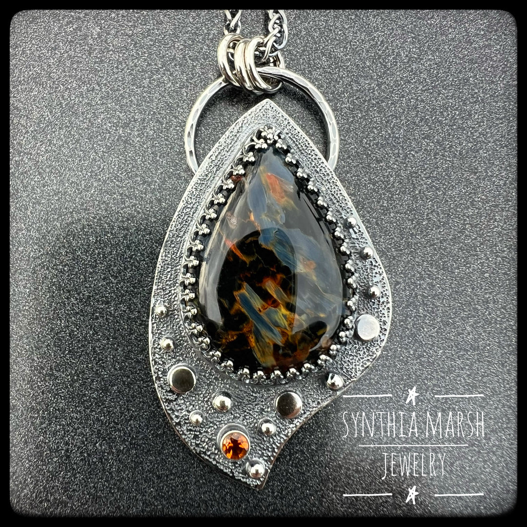 Pietersite and Sapphire Pendant ~ "Whitefish Point" ~ Made in Michigan's Upper Peninsula