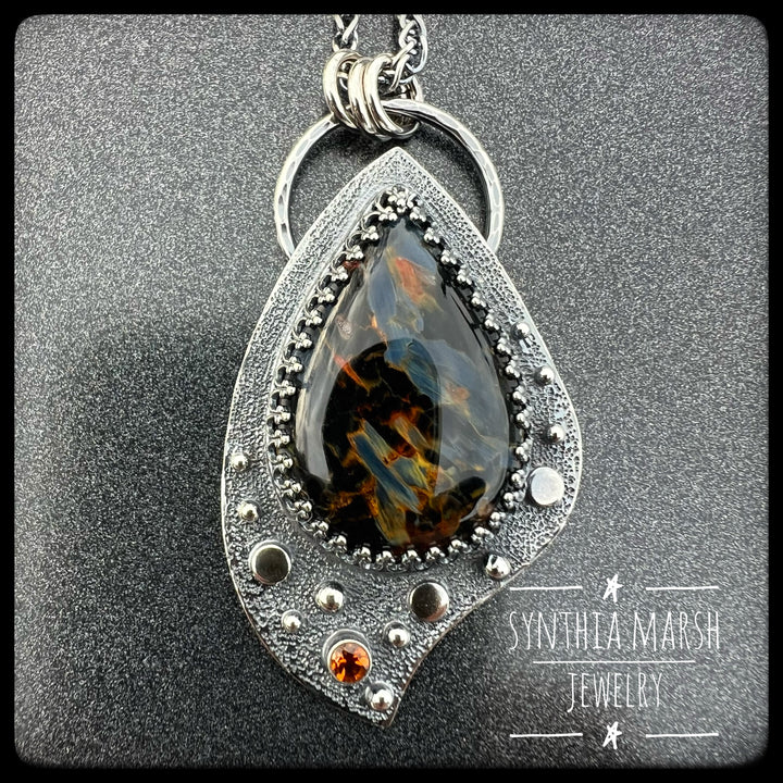 Pietersite and Sapphire Pendant ~ "Whitefish Point" ~ Made in Michigan's Upper Peninsula