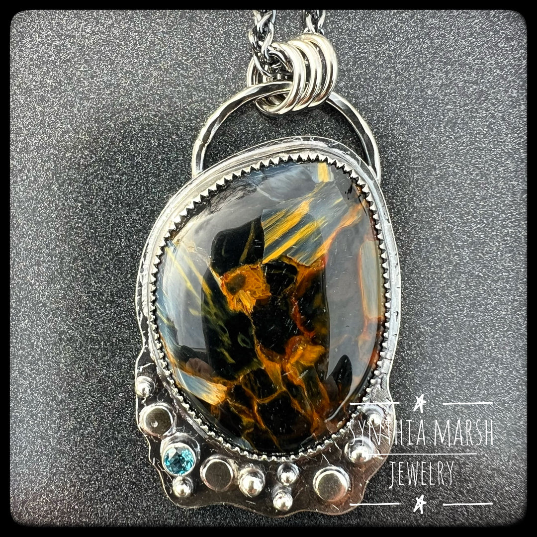 Pietersite and Sapphire Pendant ~ "Point Iroquois" ~ Made in Michigan"s Upper Peninsula