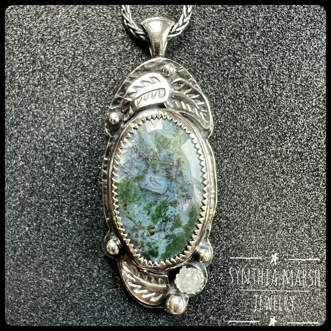 #2 Moss Agate and Moonstone Leafy Sterling Pendant/Necklace Made in U.P. Michigan