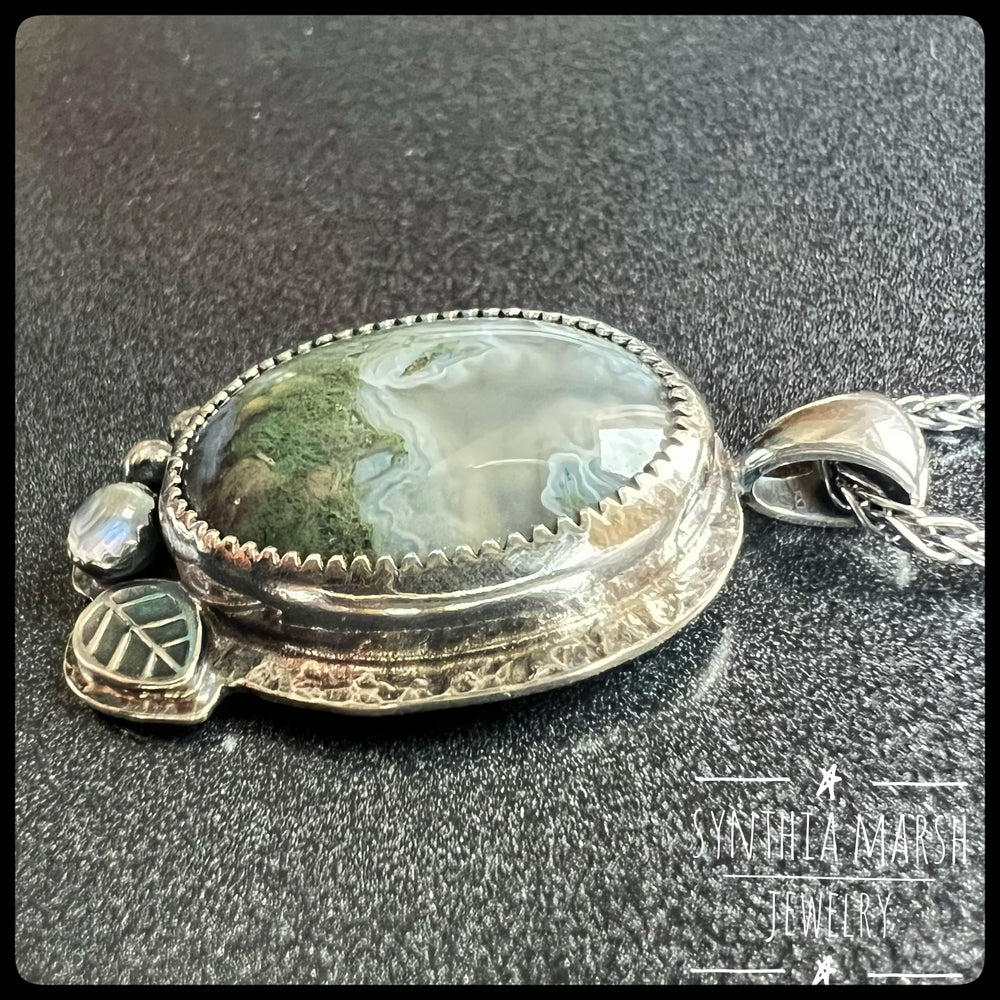 #3 Moss Agate and Moonstone Sterling Pendant/Necklace Made in U.P. Michigan
