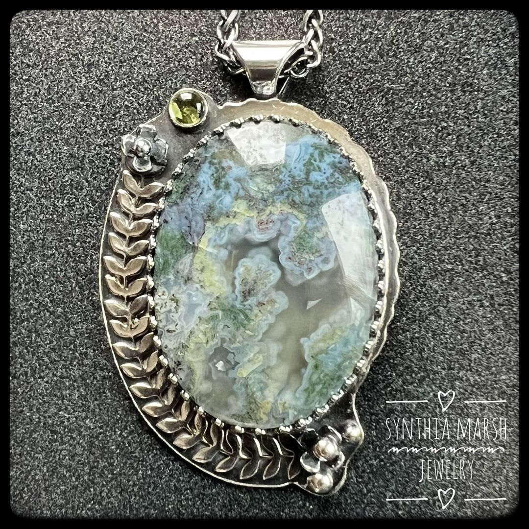 Moss Agate and Peridot Floral Sterling Pendant/Necklace Made in U.P. Michigan